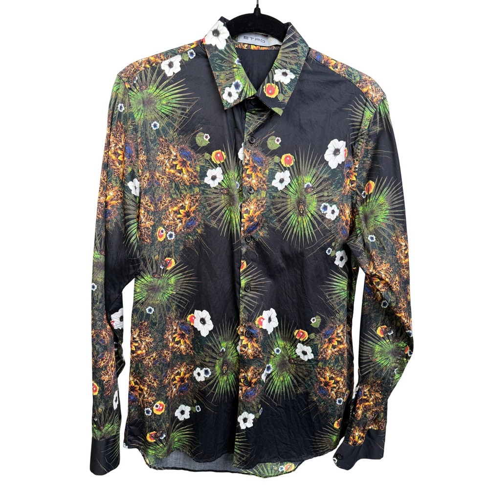 Etro Milano Women Black Tropical Floral Palm Print Cotton Button Down Shirt 42